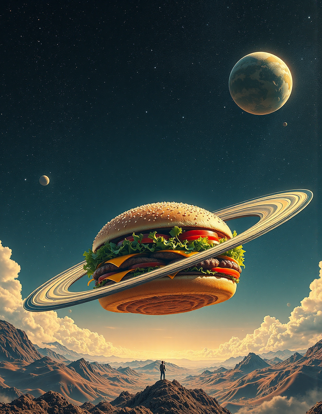 A surreal scene where a giant hamburger, complete with lettuce, tomato, cheese, and a sesame seed bun, is floating in space with rings around it. The background features a starry night sky with three planets visible. Below the floating burger, there is a mountainous landscape with a person standing on a peak, gazing up at the colossal burger. 