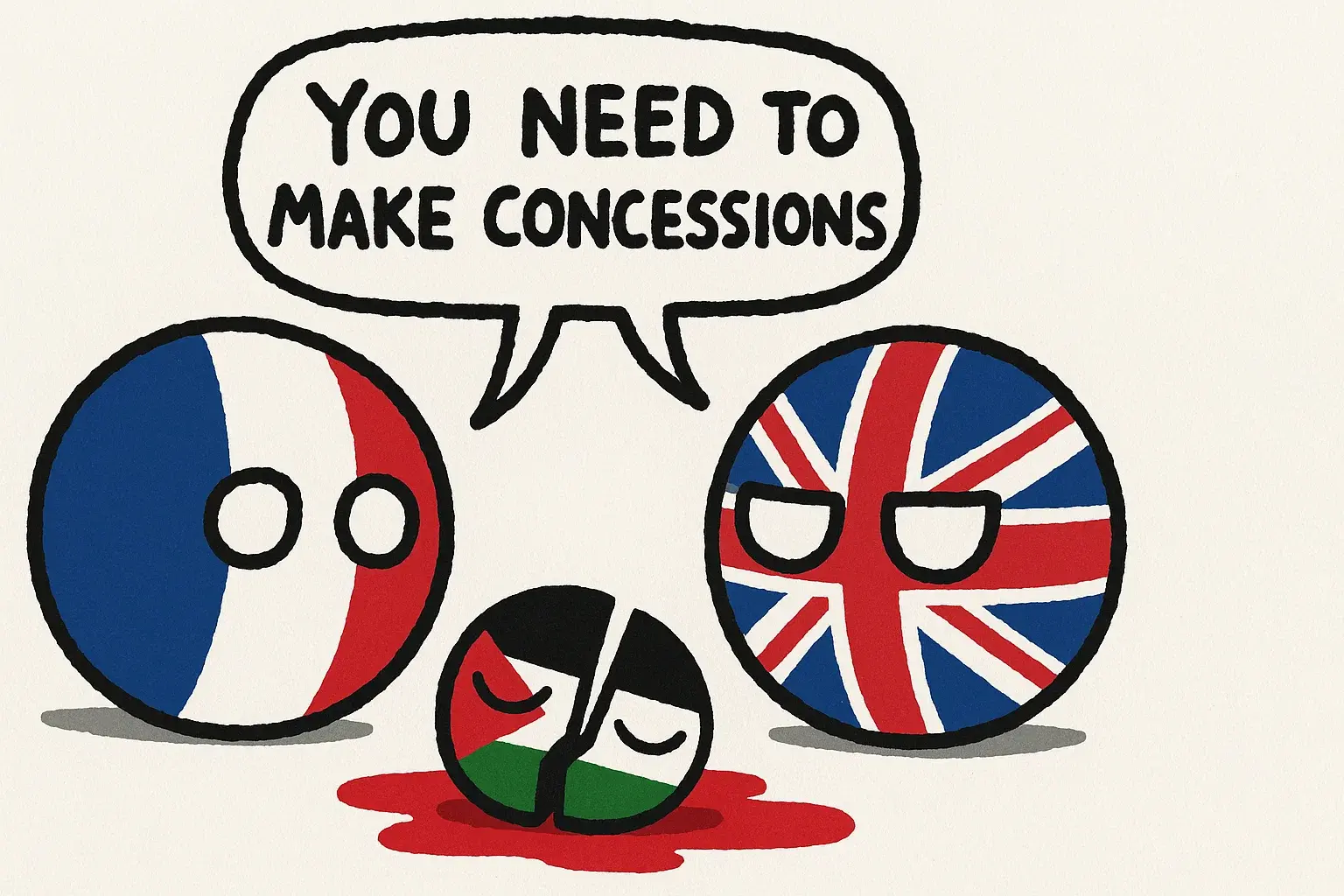 AN AI generated polandball comic, showing france and the uk telling a cut in half and bleeding palestine that it needs to make concessions.