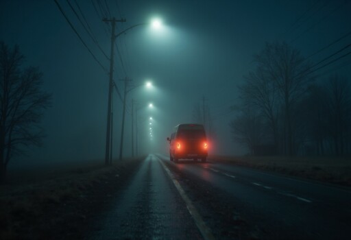 A van stopped on a foggy, dimly lit road at night. The scene is enveloped in a thick fog, with streetlights casting a soft, diffused glow along the deserted roadway. The van's red taillights pierce through the haze, contrasting with the dark, muted surroundings. Tall utility poles and bare trees line the road, their silhouettes visible through the fog. 