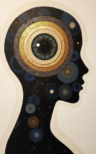 A stylized silhouette of a human head filled with abstract celestial imagery against a beige background. The most striking feature is a large, detailed eye at the center of the head, surrounded by concentric circles in shades of gold, silver, and gray, resembling planetary orbits. The background within the silhouette is a deep black, dotted with variously sized circles and star-like patterns. The outer edge of the head is outlined in a pale silver color, contrasting sharply with the dark, star-filled interior. 