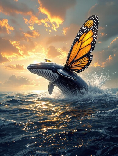 A whale with the wings of a monarch butterfly breaching the ocean's surface set against a dramatic sunset, with golden and orange hues illuminating the clouds and reflecting off the rippling ocean waves. 