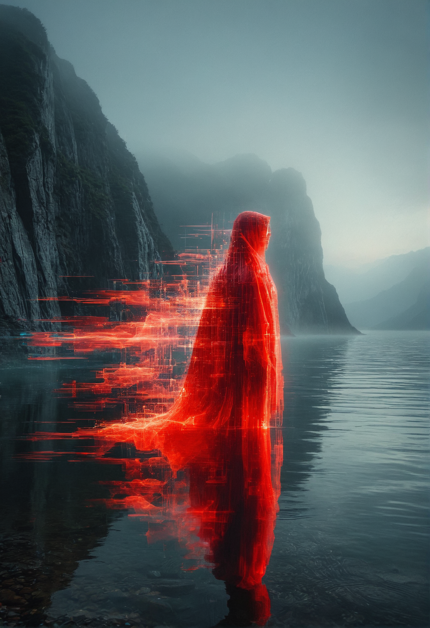 Within a mountainous, misty fjord landscape is a translucent, red-hued figure that resembles a cloaked person standing in shallow water near the shore. The figure is rendered with digital glitch-like effects that give it an otherworldly appearance. The mountains flanking either side of the fjord are steep and shrouded in fog, enhancing the mysterious and isolated mood of the setting.