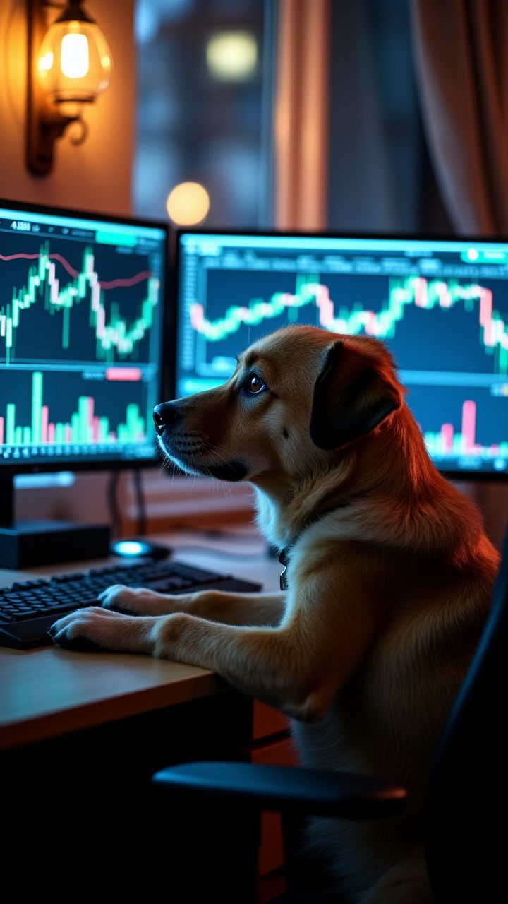 A dog sitting in front of a computer desk, attentively looking at multiple monitors displaying financial charts. The setting is an office space, illuminated by the warm glow of a wall lamp and ambient lighting, creating a focused yet cozy atmosphere.