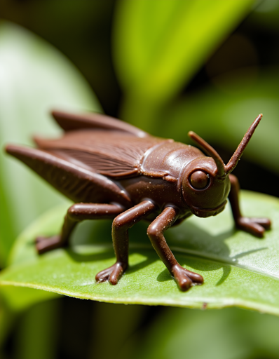 A chocolate grasshopper perched on a green leaf. The environment behind the leaf is blurred, with green foliage discernable in the background.