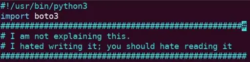 Head of a Python script, comments read: "I am not explaining this. I hated writing it; you should hate reading it."