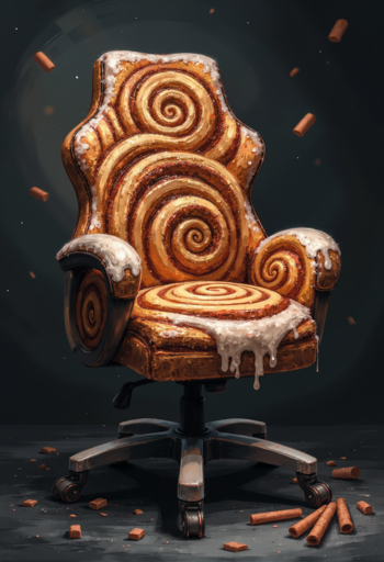 A chair designed to resemble a giant cinnamon roll. The chair's backrest and seat are adorned with intricate, spiraled patterns mimicking the layers of a cinnamon roll, complete with a glossy, sugary glaze dripping down the sides and armrests. The chair is set against a dark background, with pieces of cinnamon sticks and crumbs scattered around the base of the chair. 