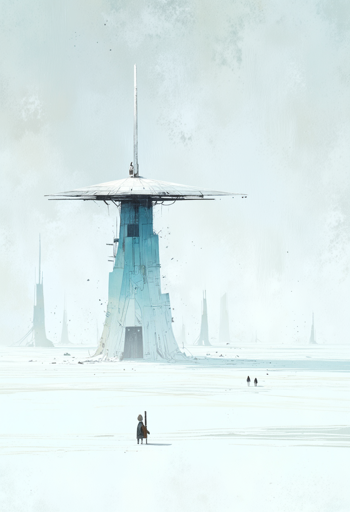 A vast landscape dominated by towering, futuristic structures. The central tower, with its sleek, angular design, rises from the ground, topped with a wide, disc-like platform and a tall, thin spire. In the foreground, a solitary figure stands, holding a staff, gazing up at the imposing edifice. In the distance, several other similar towers and figures punctuate the horizon, shrouded in a misty, atmosphere. 