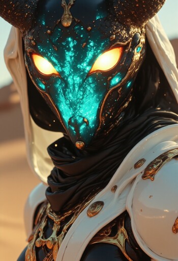 A close-up of a figure with a turquoise mask that resembles a mythical creature with glowing, fiery eyes, brown horns, and gold accents, giving it a celestial and ethereal quality. The figure is draped in a white and black garments, with gold embellishments. The background is a desert setting, with soft, sandy hues and a pale blue sky. 