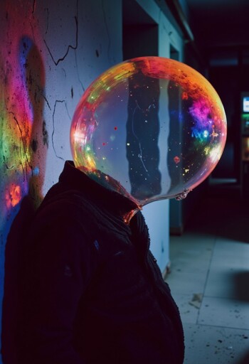 A figure leaning against a cracked wall in a dimly lit room. The figure's head is a large transparent bubble that reflects a myriad of colors, speckled with tiny, colorful particles. The setting appears to be an abandoned or neglected space, with visible cracks on the wall and debris on the floor. 