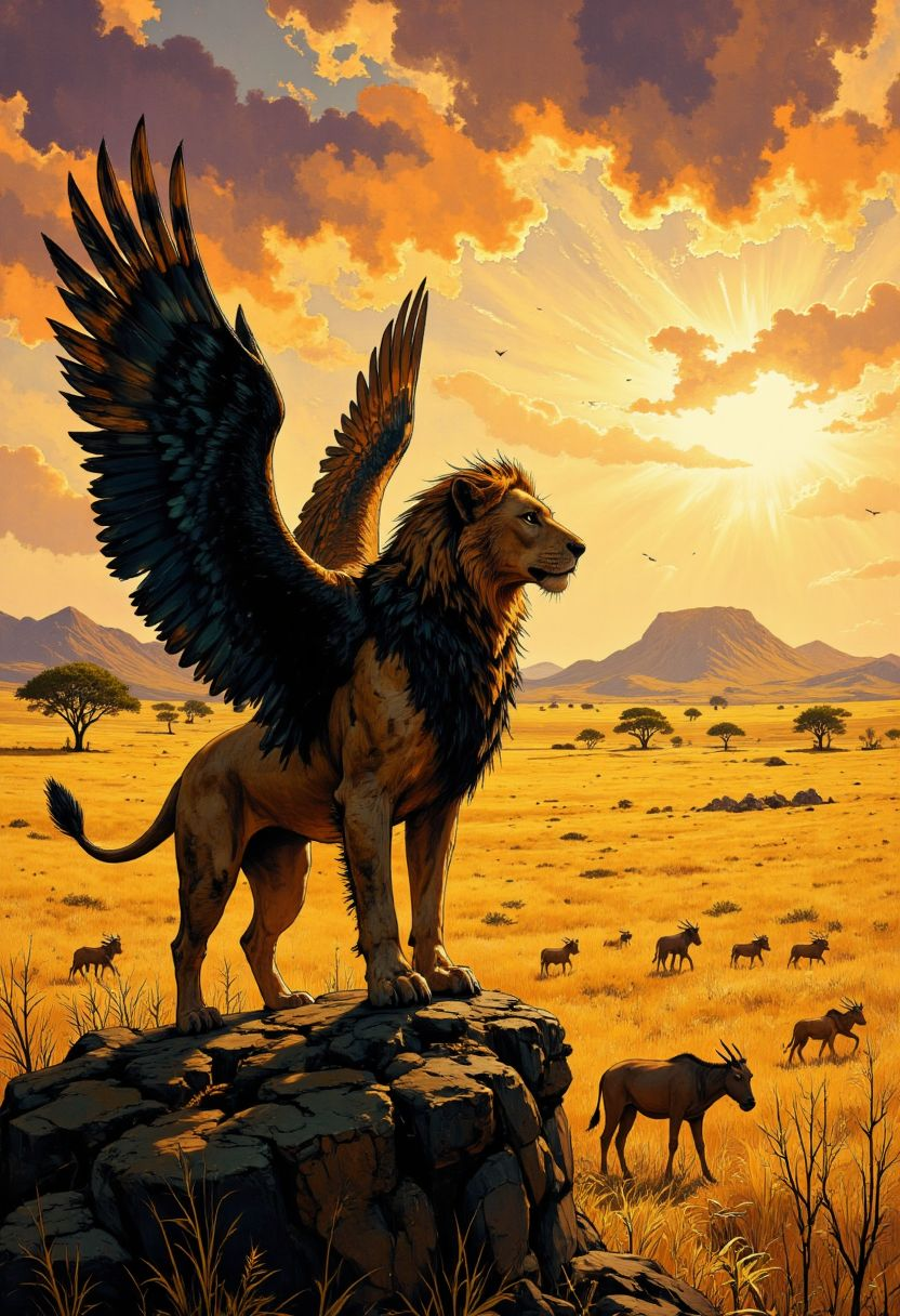 A majestic lion with large, powerful wings standing on a rocky outcrop gazing into the distance under a dramatic sky filled with vibrant orange and purple clouds, illuminated by the setting sun. The background features a vast savannah landscape with scattered trees and wildebeest grazing in the golden grass. 