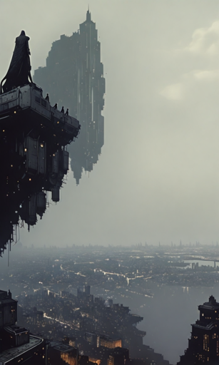 A futuristic cityscape under a misty, overcast sky. In the foreground, a dark, cloaked figure stands on the edge of a large, industrial platform, gazing out over the sprawling city below. The city is illuminated with countless lights, creating a web of glowing pathways and structures. In the background, a massive, floating structure looms, its silhouette partially obscured by the fog. 