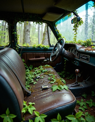 An abandoned car interior, overtaken by nature. Green plants and vines have grown over the brown leather seats, the dashboard, and the steering wheel. The scene outside the car reveals a forest with tall trees, indicating that the vehicle has been left in a wooded area for an extended period. 