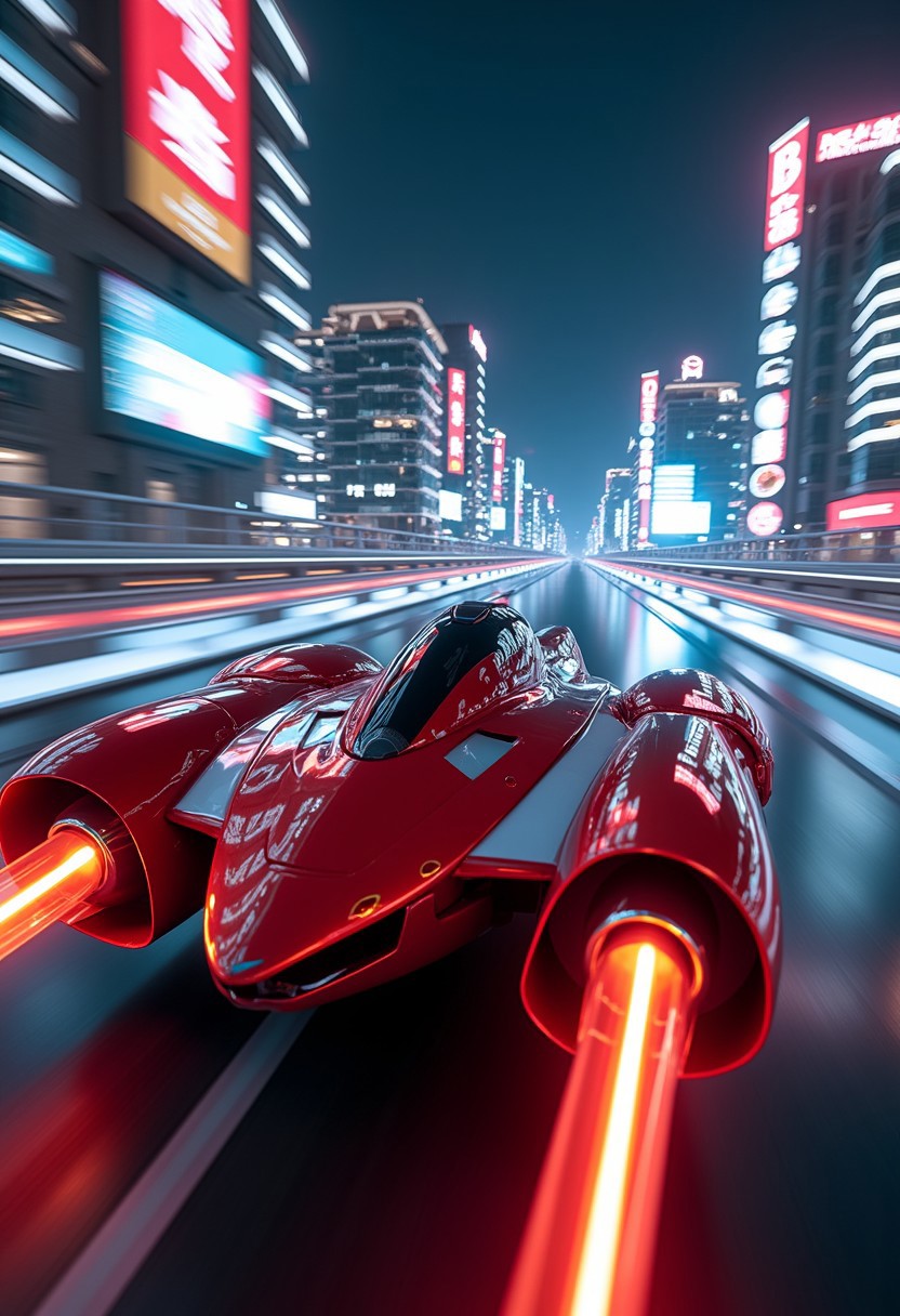 A sleek, red futuristic racing craft speeding through a city at night. The vehicle has a streamlined design, with prominent rear thrusters emitting a bright, fiery glow as it propels forward. The surrounding environment is illuminated by neon lights from towering skyscrapers and billboards. The perspective is low and close to the ground, creating a high-energy atmosphere.