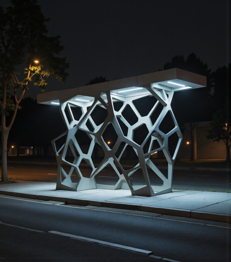 A modern, geometrically intricate bus stop illuminated at night. The structure features a unique honeycomb-like design with an interlocking polygonal lattice. The shelter is lit from above by white lights embedded in the roof. The setting is an urban street, quiet and empty, with a tree partially visible on the left side and distant streetlights.