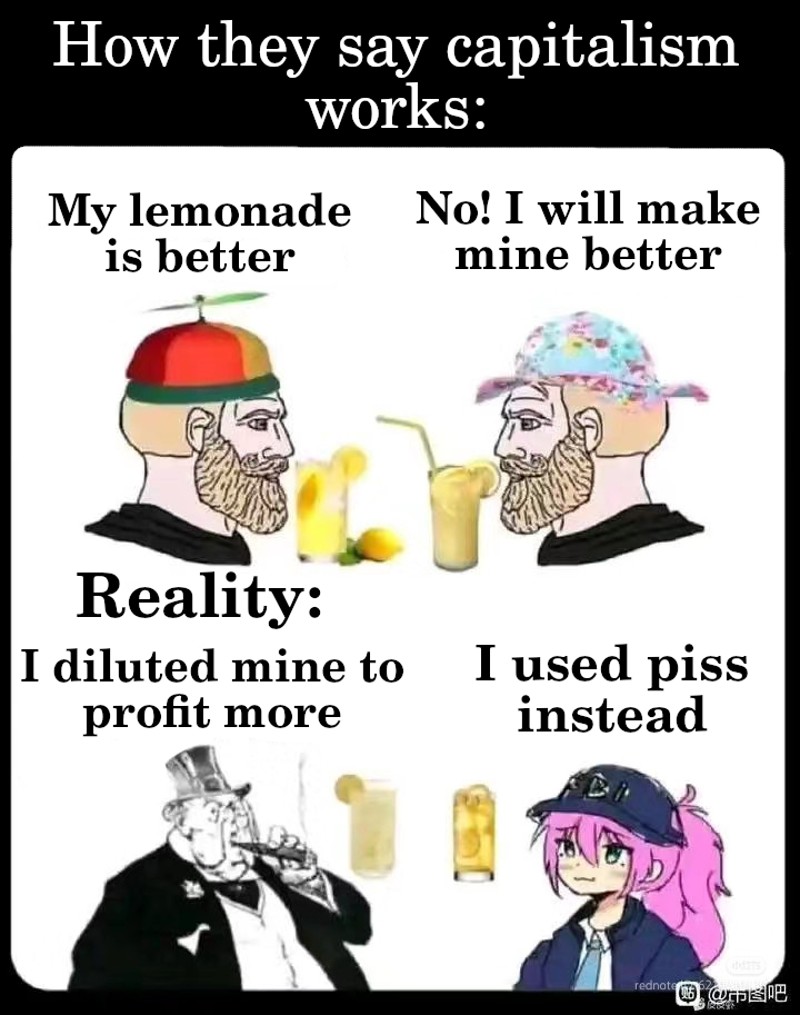 Top Panel: "How they say capitalism works:" Two glasses of lemonades are shown, each carried by a person. One says "My lemonade is better." The other says "No! I will make mine better." Bottom Panel: "Reality:" One says "I diluted mine to profit more." The other says "I used piss instead."