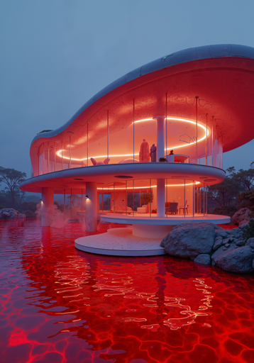 A modern house situated above a glowing red pool. The house features a sleek, curvilinear design with a large, overhanging roof supported by thin, white columns. The structure is illuminated with warm, orange lighting, which contrasts beautifully with the cool blue sky and the intense red pool below. The pool reflects the house's lights, creating a striking visual effect. The house is surrounded by natural elements, including trees and rocky formations.