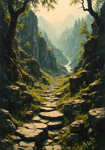 A picturesque mountain path winding through a verdant gorge. The path is made of irregularly shaped stone slabs, leading the viewer's eye deeper into the landscape. Towering cliffs adorned with patches of greenery rise on either side, while trees with sprawling branches frame the scene. In the distance, a river meanders through the valley, reflecting the soft, golden light of the setting sun and the misty mountains in the background add a sense of depth.