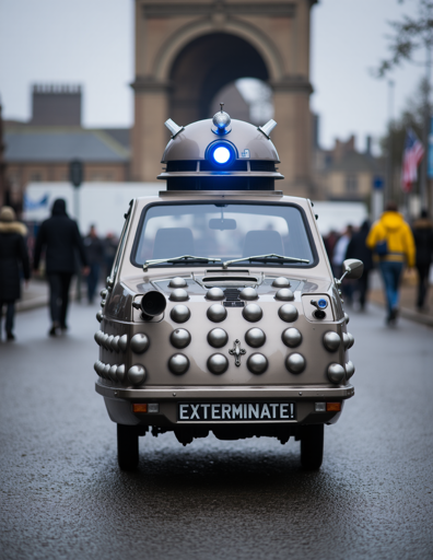 A small car modified to resemble a Dalek, a famous antagonist from the Doctor Who series. The car is adorned with metallic hemispheres and a dome-like structure on top, complete with a blue light, mimicking the iconic Dalek design. The license plate reads "EXTERMINATE!" in bold letters, a catchphrase associated with the Daleks. The setting is an urban street with an archway in the background, and several pedestrians visible.