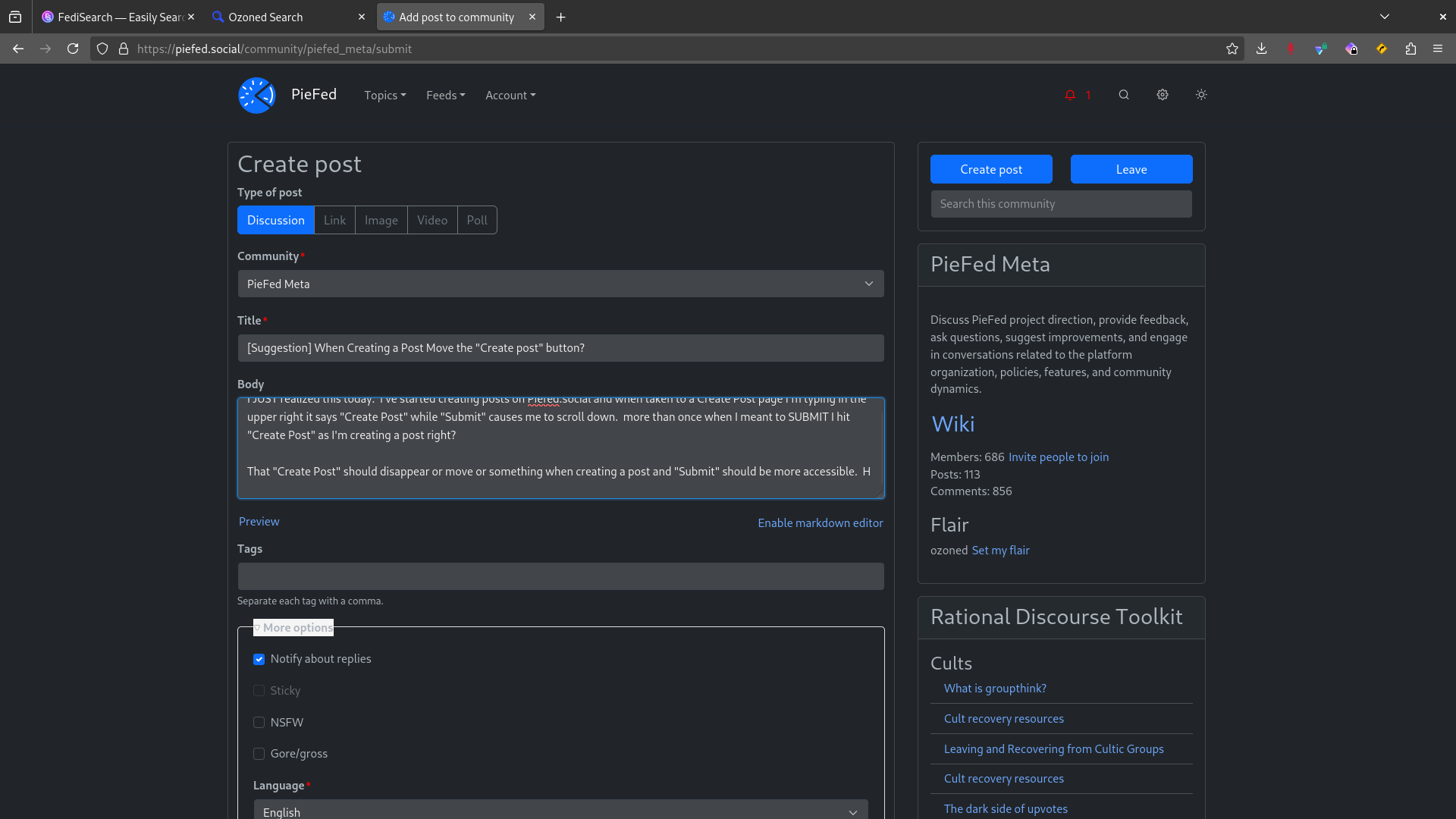 Image of a Piefed Create Post page