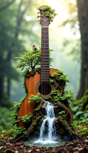 A wooden acoustic guitar seamlessly integrated into a misty forest setting. The guitar's body is sprouting small green trees and foliage, giving the impression that it is part of the natural landscape. Two small birds are perched on the branches growing from the guitar, with a small waterfall cascading down at the base of the guitar. 