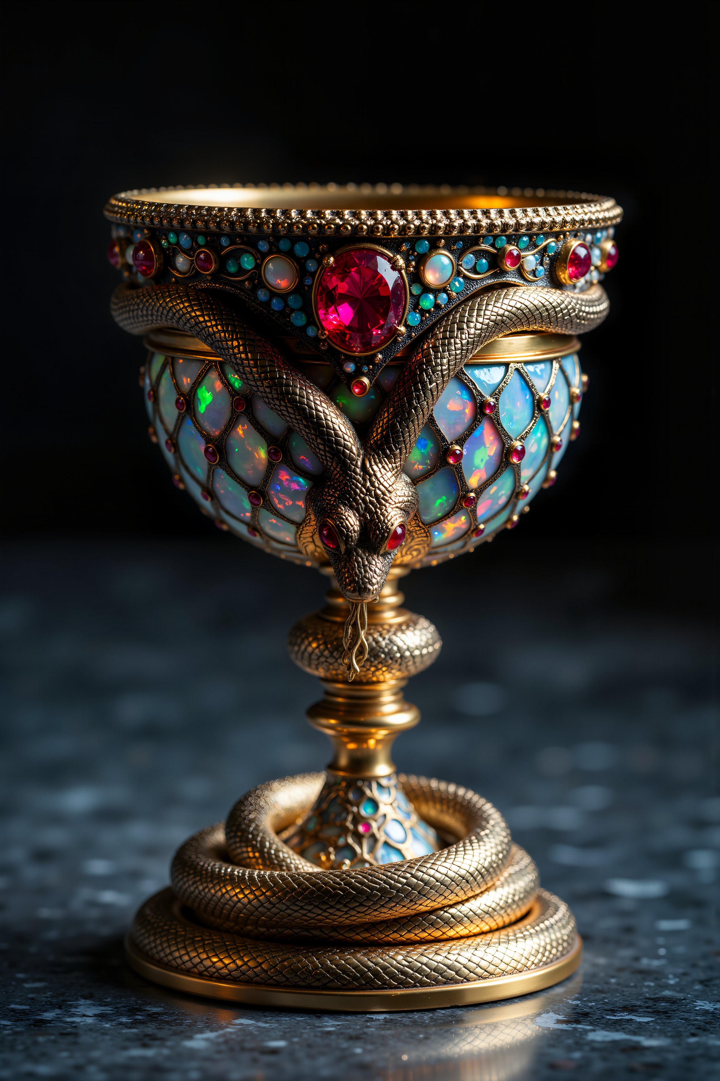 An ornate chalice adorned with intricate details. The chalice features a golden serpent coiled around its base and stem, with the serpent's head prominently displayed at the front. The cup itself is encrusted with various gemstones, including a large red gem at the center, surrounded by smaller turquoise and red stones. The body of the chalice is decorated with an opalescent mosaic pattern, adding to its luxurious appearance. It is set against a dark background, on top of a gray stone surface.