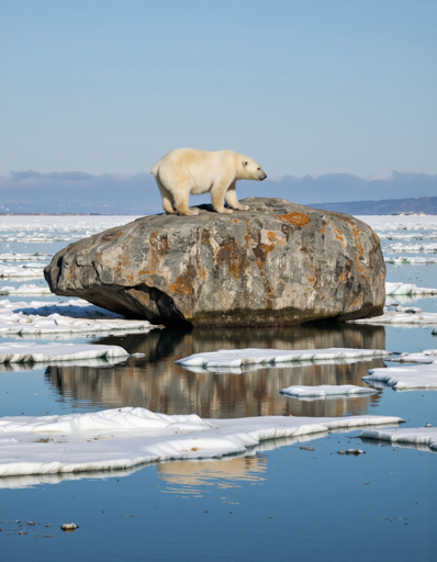 A solitary polar bear stands atop a large, weathered rock surrounded by blue water below and scattered ice floes drift. The horizon reveals a distant, snow-covered shoreline under a clear, blue sky, with a faint line of clouds adding depth to the scene. 