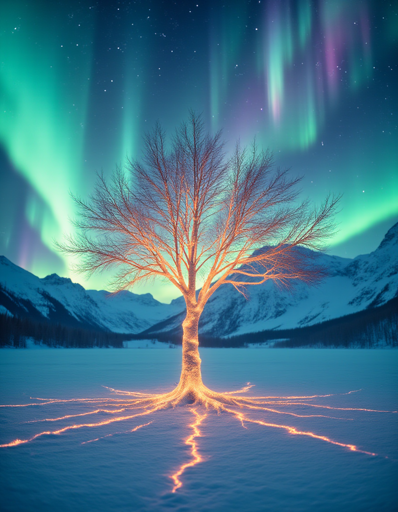 A leafless tree standing alone in a snowy landscape, with its branches and roots glowing with a warm, golden light. The tree is set against a backdrop of snow-covered mountains under a night sky illuminated by the Northern Lights. 