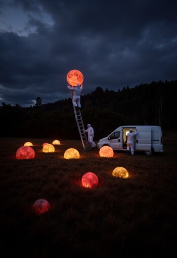 A surreal nighttime scene in an open field, where three individuals dressed in white protective suits are engaged in an unusual activity. One person stands on a ladder, holding on to a large, glowing orb that resembles a full moon, while another person steadies the ladder. The third person is near a white van with its side door open. The field is dotted with several other glowing orbs of varying sizes, emitting warm hues of red, orange, and yellow. The dark, cloudy sky and the silhouette of a forest in the background add to the mysterious and enchanting ambiance of the scene. 